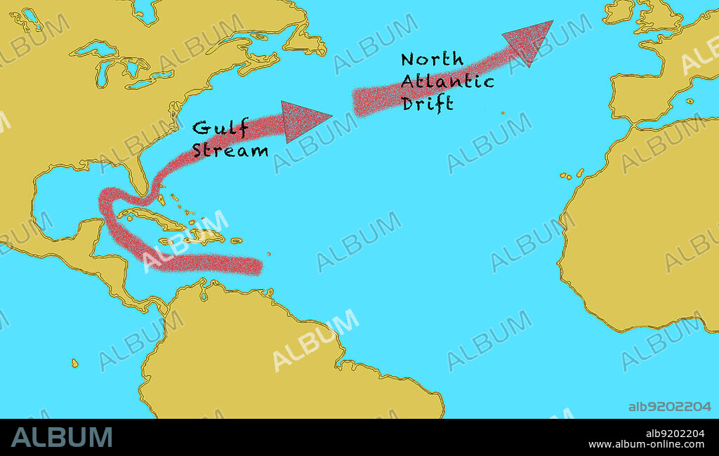 A map of the Gulf Stream and the North Atlantic Drift in the Atlantic Ocean.