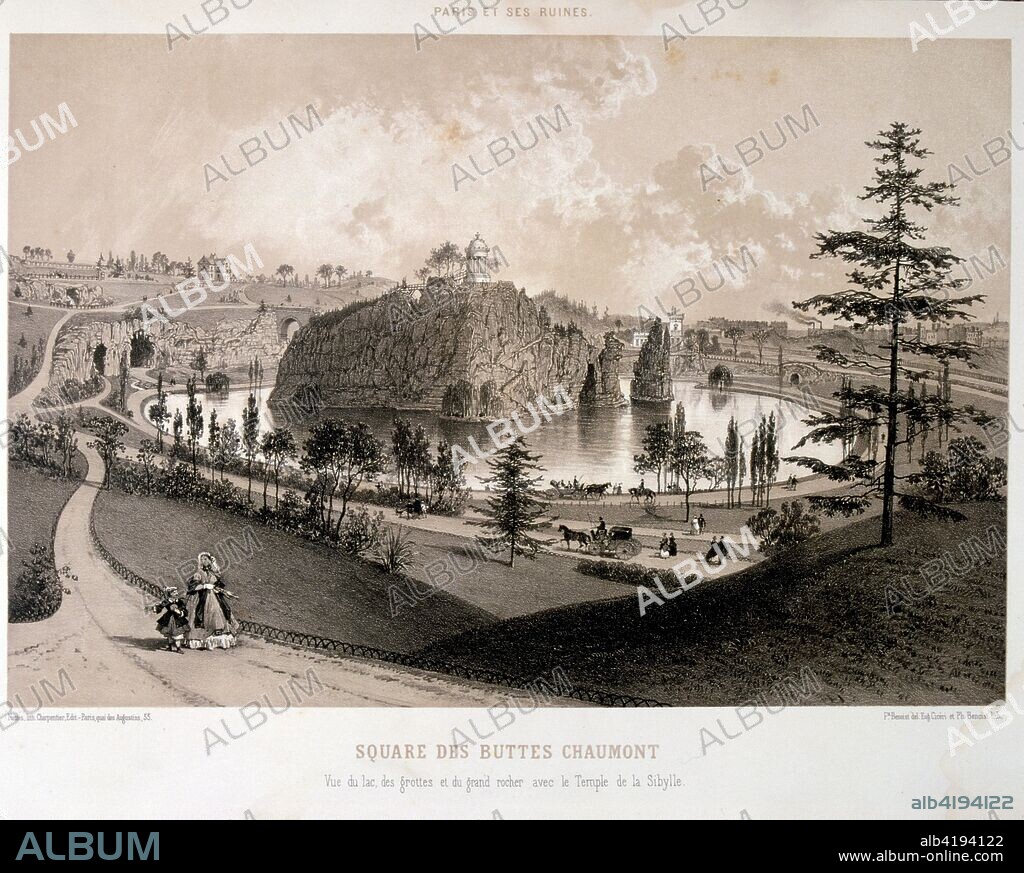 20th century illustration showing the Parc des Buttes-Chaumont in Paris, opened in 1867, was built by Jean-Charles Alphand, who created all the major parks of Napoleon III. The most famous feature of the park is the Temple de la Sibylle, inspired by the Temple of Vesta in Tivoli, Italy, perched at the top of a cliff fifty metres above the waters of the artificial lake.