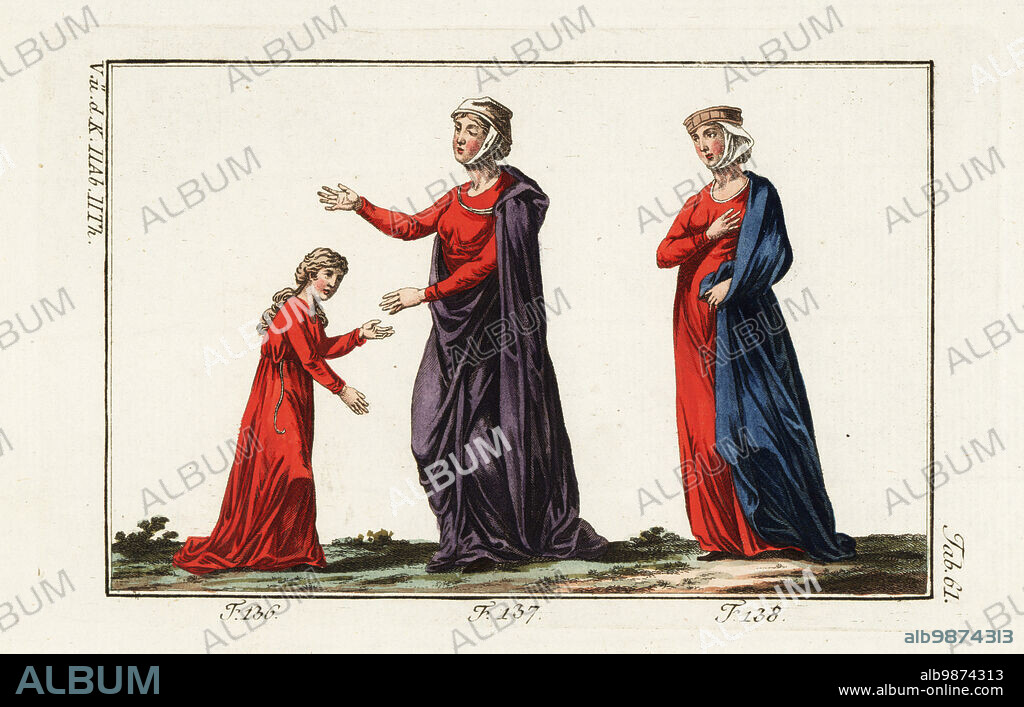 Norman ladies and girl, 12th century. Girls wore their hair without veils, separated at front and plaited artfully 136. Ladies in long robe and mantle, smaller veil tied under the chin 137, 138. Handcolored copperplate engraving from Robert von Spalart's Historical Picture of the Costumes of the Principal People of Antiquity and Middle Ages, Vienna, 1802.