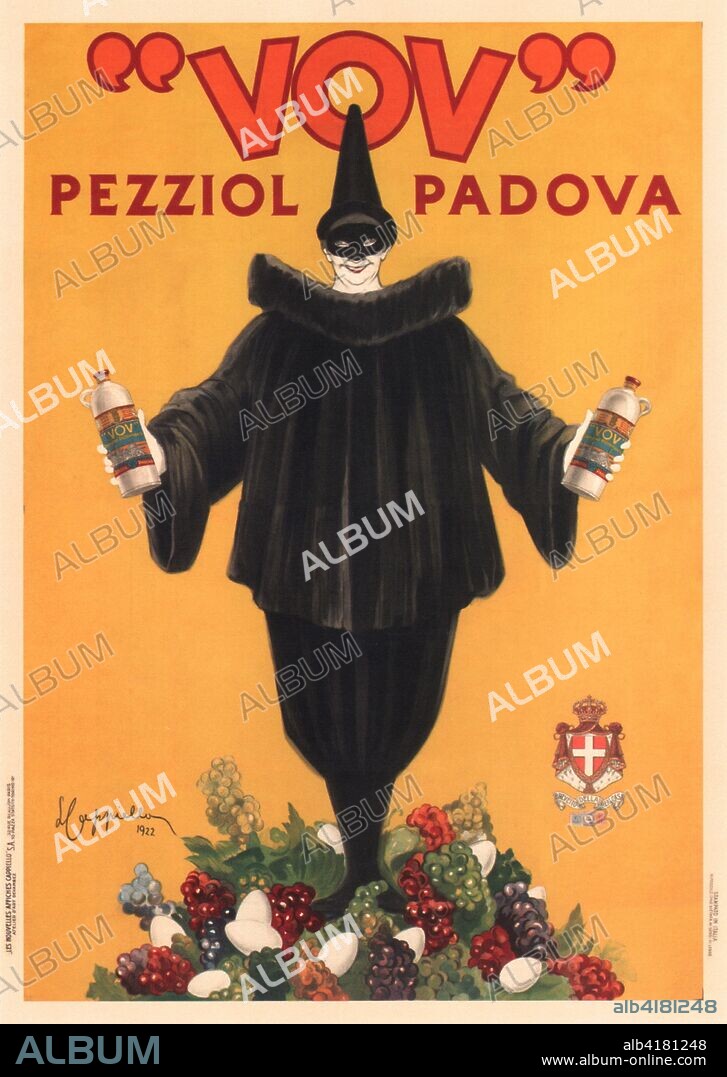 Poster advertising, Vov, an egg liqueur.  The story goes that in 1840 a sweets-maker in Padova, Mr. Pezziol, developed a drinkable Zabaione he could sell customers because he wanted to use up the egg yolks that remained after making all the Torrone (egg white and sugar nougat), which was his big seller.  So Vov was born and has been a constant success in Italy ever since.  Leonetto Cappiello (9. April 1875 in Livorno, Italy – 2. February 1942 in Cannes, France) was an Italian poster art designer who lived in Paris. He is now often called 'the father of modern advertising' because of his innovation in poster design.