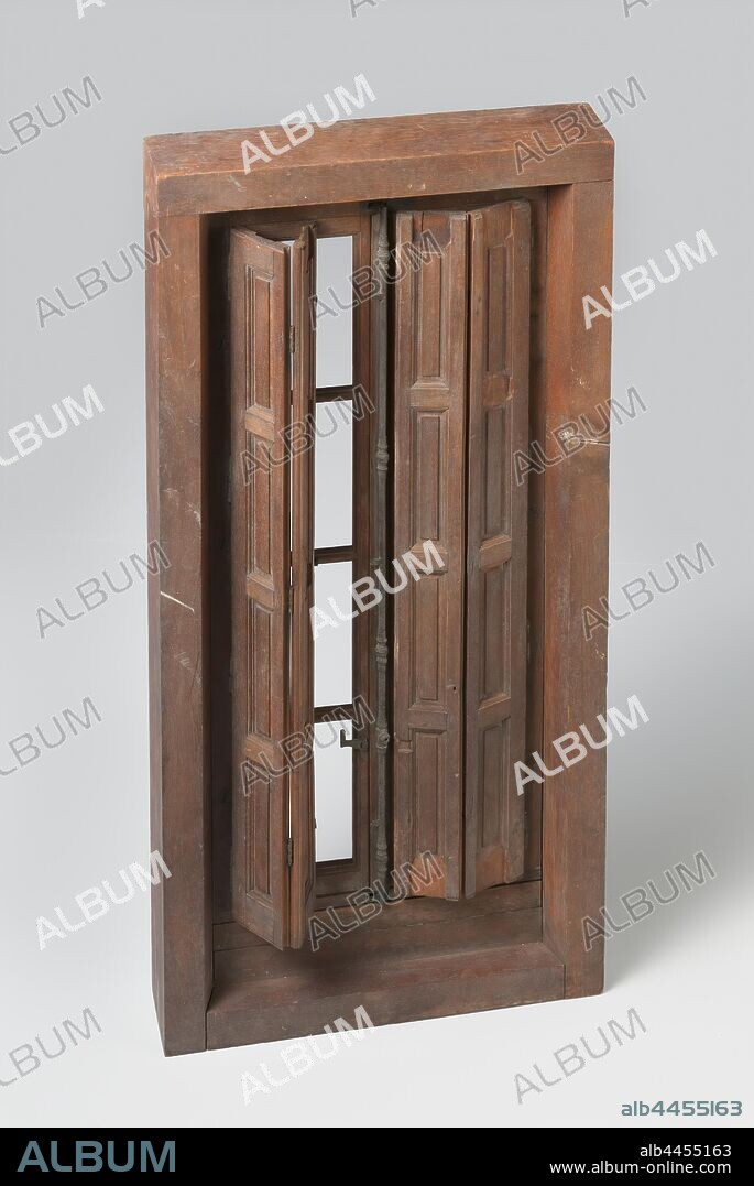 Model, Model of a window frame with snap closure and two shutters, c. 1800 - c. 1900, wood (plant material), walnut (hardwood), brass (alloy), h 68 cm × w 33 cm × d 7 cm.