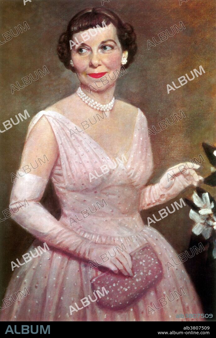 Mamie Geneva Doud Eisenhower (November 14, 1896 - November 1, 1979) was the wife of President Dwight D. Eisenhower, and First Lady of the United States from 1953 to 1961. She married Dwight Eisenhower in 1916. The young couple moved frequently between military quarters in many postings, from Panama to the Philippines. As First Lady, she entertained a wide range of foreign dignitaries, who reacted well to her confident style and splendid costumes. On leaving the White House, she made clear her disapproval of the incoming Kennedy's. She spent her retirement and widowhood at the family farm at Gettysburg, Pennsylvania. She suffered a stroke in September, 1979 and died quietly in her sleep very early the morning of November 1, less than two weeks shy of her 83rd birthday. Painting by Thomas E. Stephens.