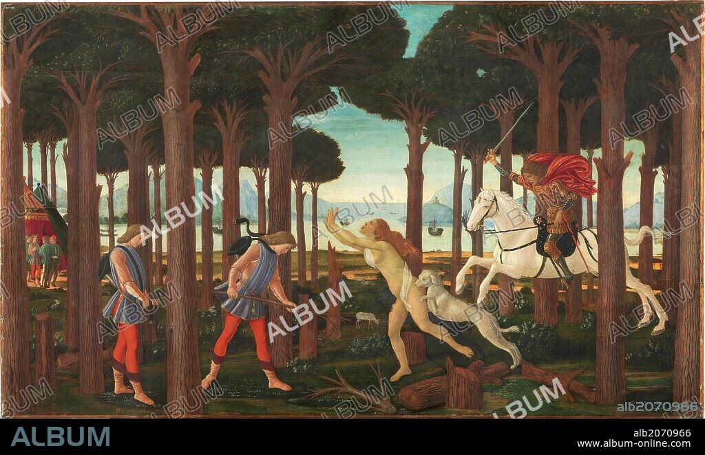 Sandro Botticelli / 'La historia de Nastagio degli Onesti (I)', Hacia 1483, Escuela Italiana, Técnica mixta sobre Tabla, 83 cm x 138 cm, P02838.