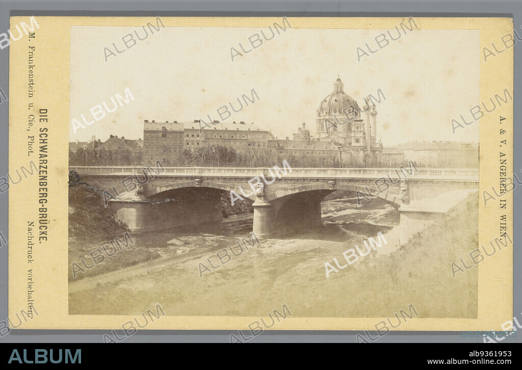 Schwarzenberg Bridge and the Karlskirche, Vienna, Die Schwarzenberg-Brücke (title on object), M. Frankenstein & Co. (mentioned on object), publisher: A. & V. Angerer (mentioned on object), Vienna, 1868 - 1875, cardboard, paper, albumen print, height 65 mm × width 106 mm.