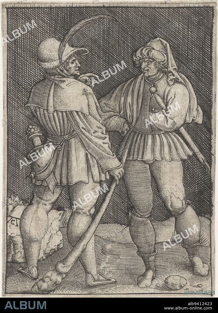 Two highwaymen, Monogrammist AC (16th century), 1520 - 1562, Two men with clubs., print maker: Monogrammist AC (16e eeuw), (mentioned on object), print maker: Allaert Claesz., (possibly), Low Countries, 1520 - 1562, paper, engraving, h 80 mm × w 57 mm.