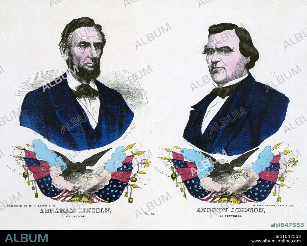Republican campaign banner for the 1864 US Presidential election. Abraham Lincoln, the Presidential candidate, left, and his Vice- President Andrew Johnson. Hand-coloured wood engraving.
