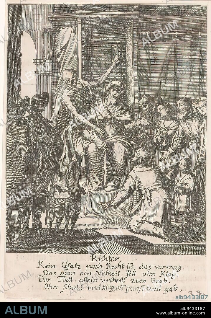 Judge and Death, Richter (title on object), The Dance of Death (series title), A judge seated on a throne. Kneeling and standing people before him. Next to the seat Death as a skeleton holding his hourglass over the judge's head., print maker: Rudolph Meyer, print maker: Conrad Meyer, after design by: Rudolph Meyer, 1650, paper, etching, height 129 mm × width 90 mm.