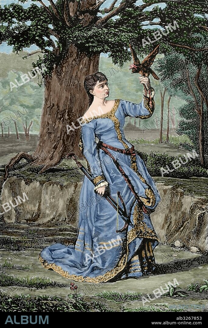 Matilde de Inglaterra (1102-1167). Emperatriz consorte del Sacro Imperio Romano Germánico (1114-1125) y reina de Inglaterra (1141), siendo la primera mujer en acceder al trono inglés. Grabado por E. Alba. "La Ilustración Española y Americana", 1887. Coloreado.