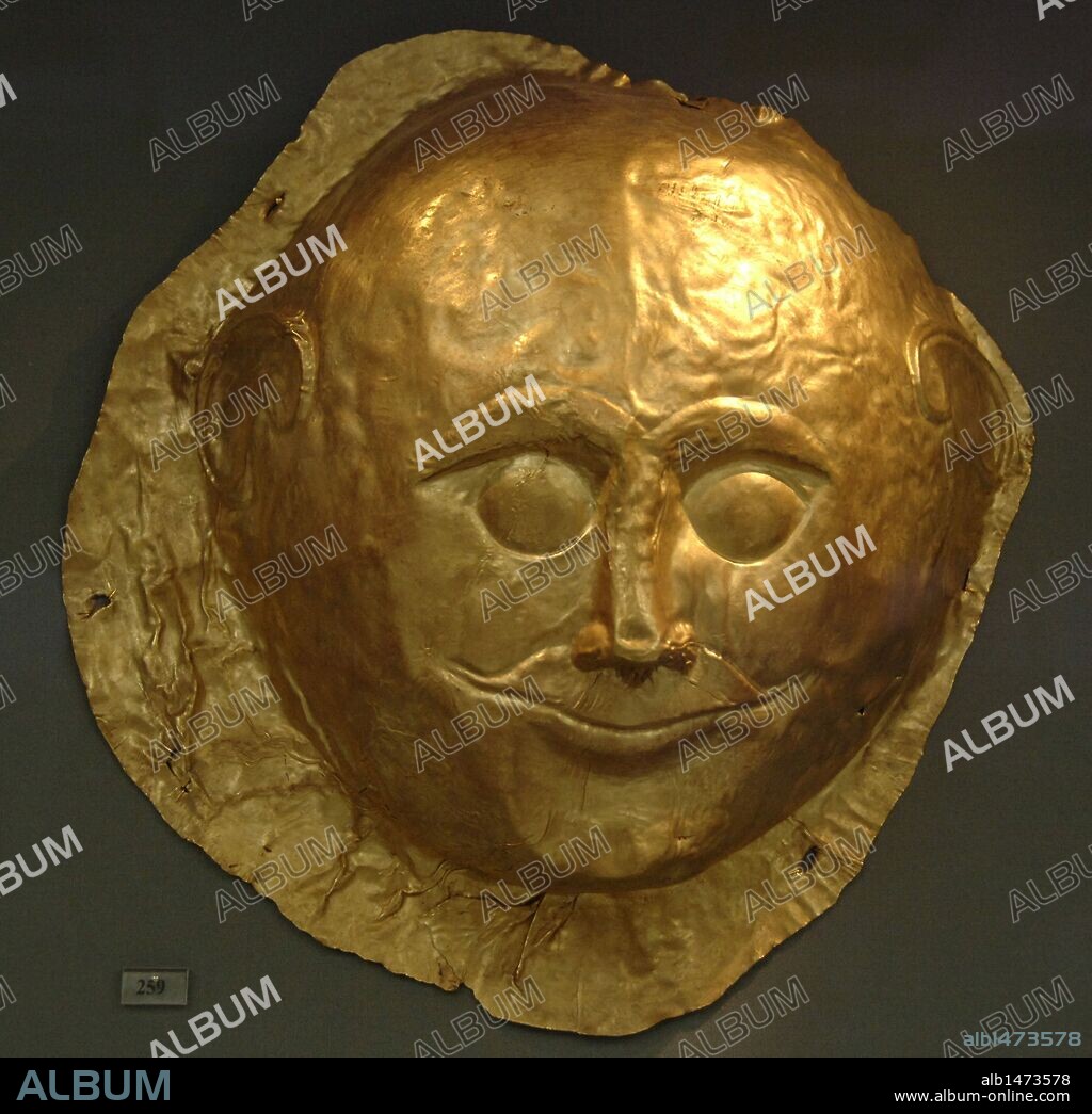 Mycenaean art. Greece. Funerary Mask in gold foil embossing. Found in Tomb IV, Circle A. Mycenae. Dated in 16th century BCE. National Archaeological Museum. Athens.