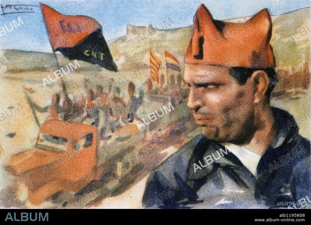 Cartel de Buenaventura Durruti. Dirigente de las Milicias de CNT y la FAI. Zona Republicana. Año 1937. Guerra civil 1936-1939.