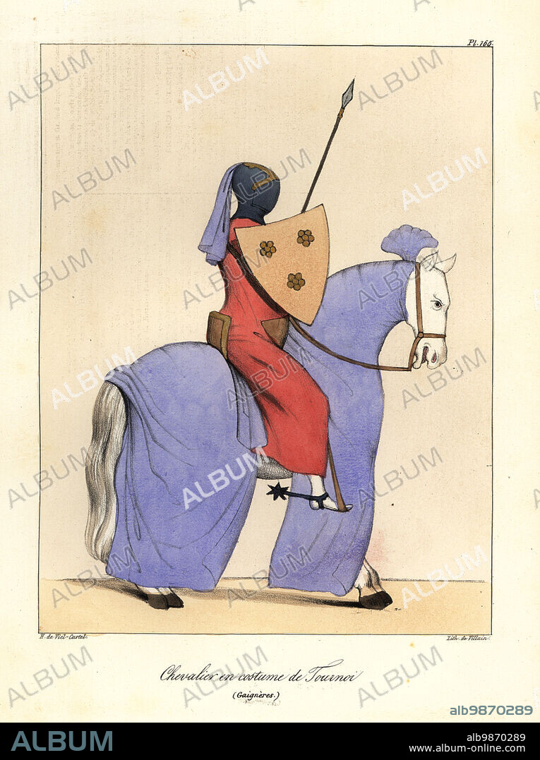 Knight in costume for a tournament, 12th century. In helm with lilac tail, tunic, with lance, shield with coat of arms, long spurs, mounted on a horse with full caparison. Chevalier en costume de Tournoi (Roger de Gaigneres). Handcoloured lithograph by Villain after an illustration by Horace de Viel-Castel from his Collection des costumes, armes et meubles pour servir à l'histoire de la France (Collection of costumes, weapons and furniture to be used in the history of France), Treuttel & Wurtz, Bossange, 1829.