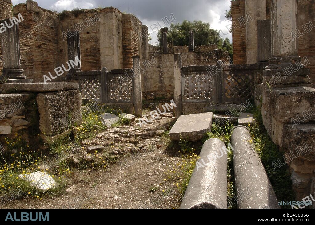 Greek Art. Phidias Workshop ruins, built in 430 BC to house the statue of Zeus. In the fifth century, Theodosius II turned the building into an early Christian church. Olympia. Greece.