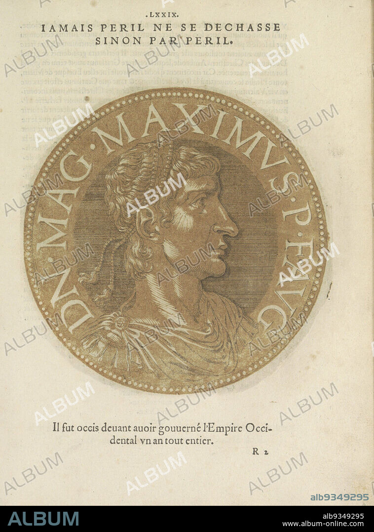 Portrait of Emperor Magnus Maximus, Les images presque de tous les empereurs (series title), Portrait of Emperor Magnus Maximus, on a coin with edge lettering. The print is part of a book on the emperors from Julius Caesar to Charles V and his brother Ferdinand., Joos Gietleughen, print maker: Hubert Goltzius, Antwerp, 1557 and/or 1559, paper, etching, letterpress printing, height 179 mm × width 178 mm.
