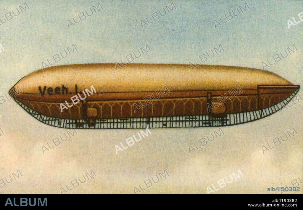 Veeh I airship, 1912, (1932). Semi-rigid airship built by German engineer Albert Paul Veeh (1864-1914). Capacity: 1700 cubic metres; length: 76 metres. The Veeh had a keel made of steel lattice frame and was demountable under field conditions. From "Die Eroberung Der Luft", (The Conquest of the Air), cigarette card album produced by the Garbáty cigarette factory, 1932. Eugene and Moritz Garbáty, who were Jewish, were driven out of business by the Nazis in the late 1930s, and forced to sell their factory which lay empty for over 70 years. [Garbaty Cigarettenfabrik, Berlin-Pankow, 1932].