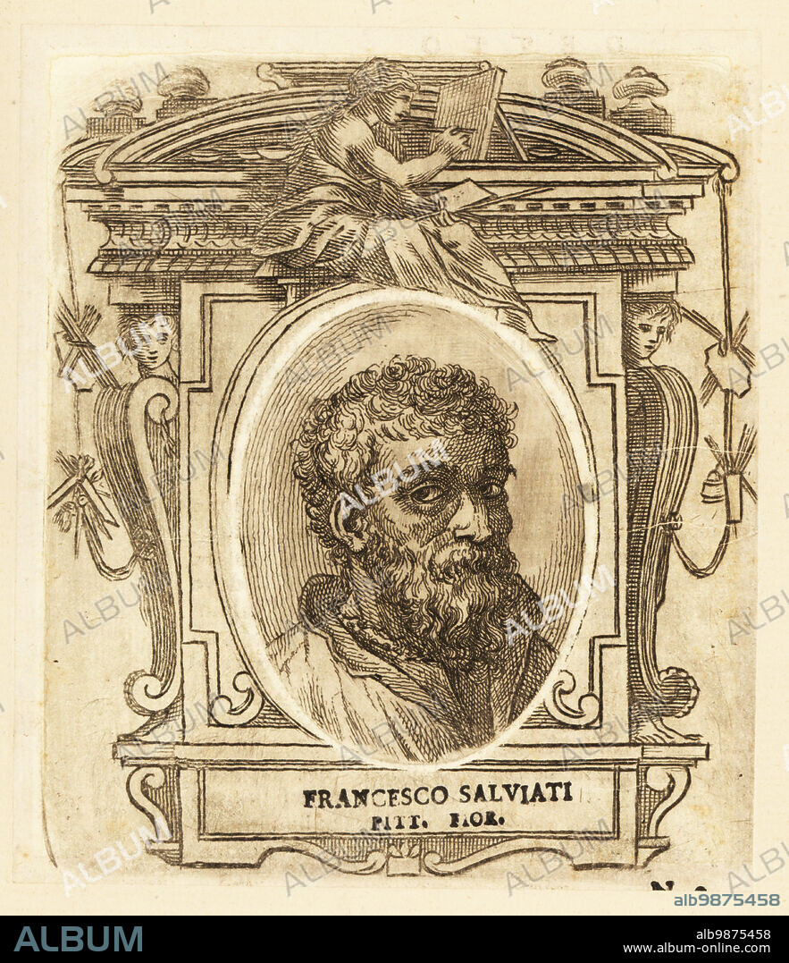 Portrait of Francesco de' Rossi, Italian Mannerist painter who lived and worked mainly in Florence, 15101563. Francesco Salviati Pitt. Fior. Woodcut from Giorgio Vasaris Le vite de piu eccellenti pittori, scultori, et architettori, The Lives of the Most Excellent Painters, Sculptors and Architects, Florence, 1678.