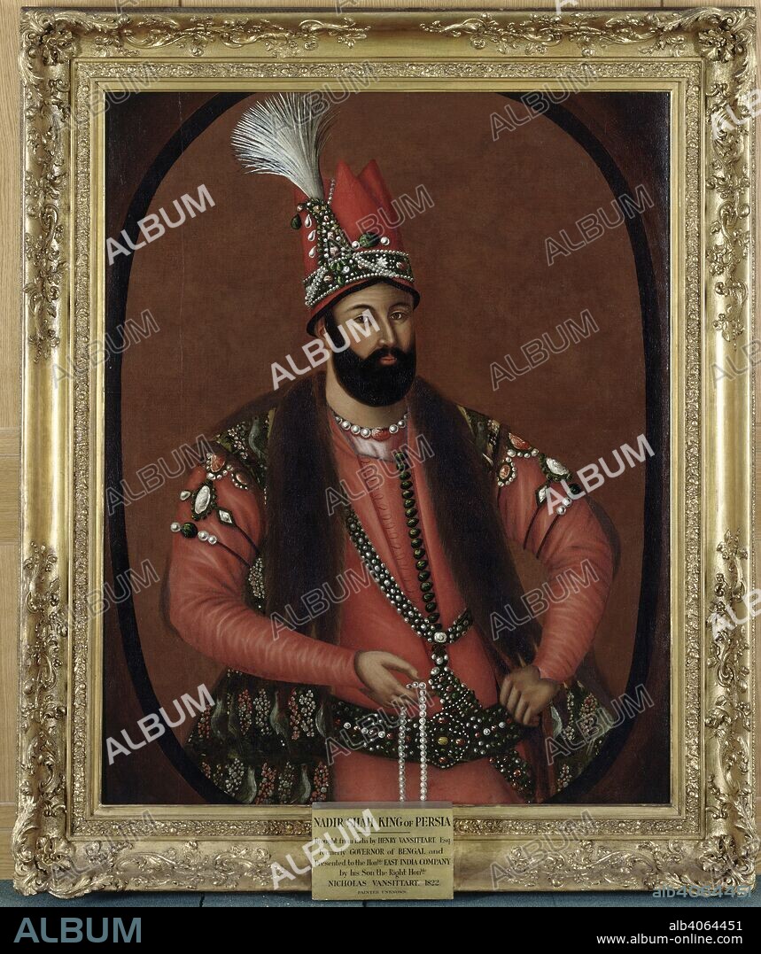 ANON. Nadir Shah of Persia (1732-1747). Three-quarter length, in an oval cartouche. The Shah wears a scarlet tunic with a sleeveless outer garment trimmed with fur. On his head is a high cap (a â€˜tahmaziâ€™) ornamented with a jewelled aigrette. The face is turned a little to the right. The left hand rests on the hip, the right holds a string of pearls. Jewelled bracelets on his upper arms. . c.1740. Oil painting. 50 by 39 ins (127 by 99 cms). Source: Foster 44.