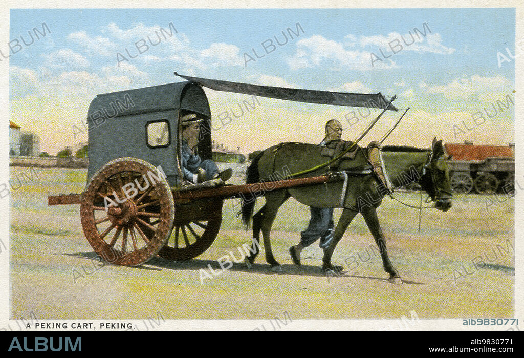 Archival color postcard of donkey cart with passenger, China, c 1910. (Photo by Allan Seiden,Legacy Archive/Getty Images).