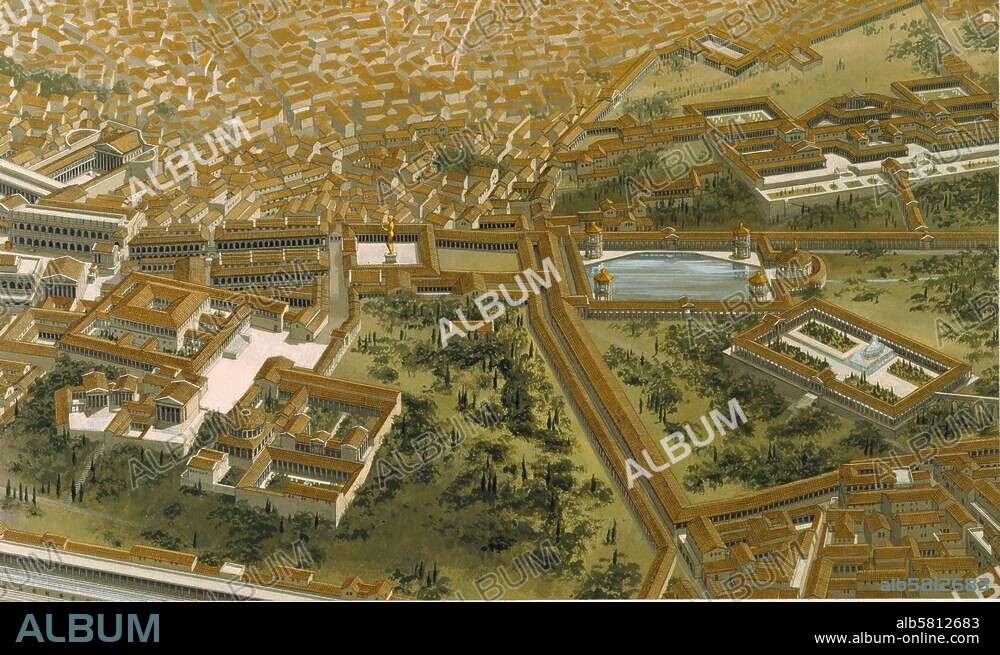 Rome (Italy), Domus Aurea. (Golden Palace of Emperor Nero on the Esquiline, built 64-68 AD). Reconstruction. Watercolour, undated, by Peter Connolly. (1935-2012).