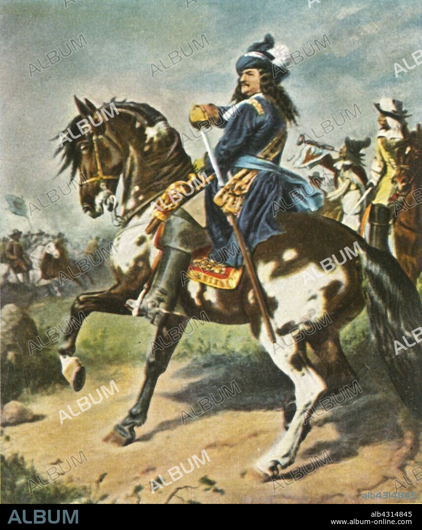 The Great Elector, (1936). Portrait of German nobleman Frederick William (1620-1688), Elector of Brandenburg and Duke of Prussia and thus ruler of Brandenburg, Prussia from 1640 until his death. A member of the House of Hohenzollern, he is popularly known as the Great Elector because of his military and political achievements. From "Bilder Deutscher Geschichte", (Pictures of German History), No.12, cigarette card album. [Cigaretten-Bilderdienst, Altona-Bahrenfeld, Hamburg, Germany, 1936].
