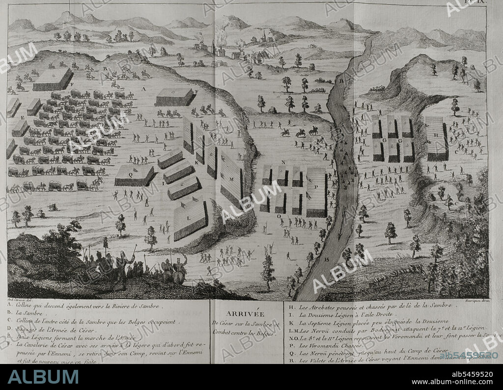 Guerra de las Galias (58 a.C.-50 a.C.). Campaña de César contra los belgas (57 a.C.). Batalla del río Sambre (julio del 57 a.C.). Enfrentamiento entre el ejército de Julio César y las tribus belgas de los nervios, atrebates y viromanduos al mando de Boduognato, las cuales fueron derrotadas. Llegada de César al río Sambre y lucha contra los belgas. Grabado. "Commentaires de Cesar, avecc des notes historiques, critiques et militaires" por el Conde Turpin de Crissé. Tomo I. Obra publicada en Montargis y vendida en París, 1785.
