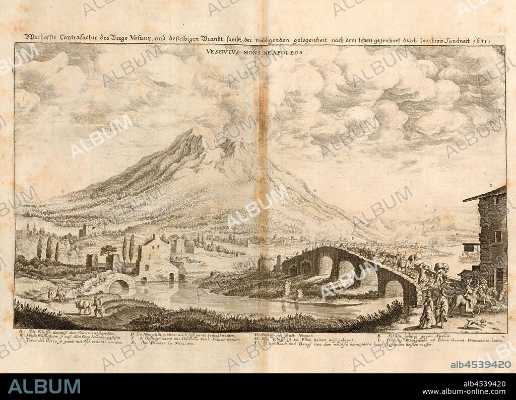 Vesuvius Mons Neapoleos, Vesuvius near Naples (Italy), signed: after life drawn by Ioachim Sandrart, Fig. 35, p. 174, Sandrart, Joachim von (ad viv. del.), 1631, Martin Zeiller: Itinerarium Italiae nov-antiquae oder Raiss-Beschreibung durch Italien: darinn nicht allein viel underschiedliche Weg durch das Welschland selbsten [...]. Frankfurt am Mayn: in Verlegung Matthaei Merians, M.DC.XL. [1640].
