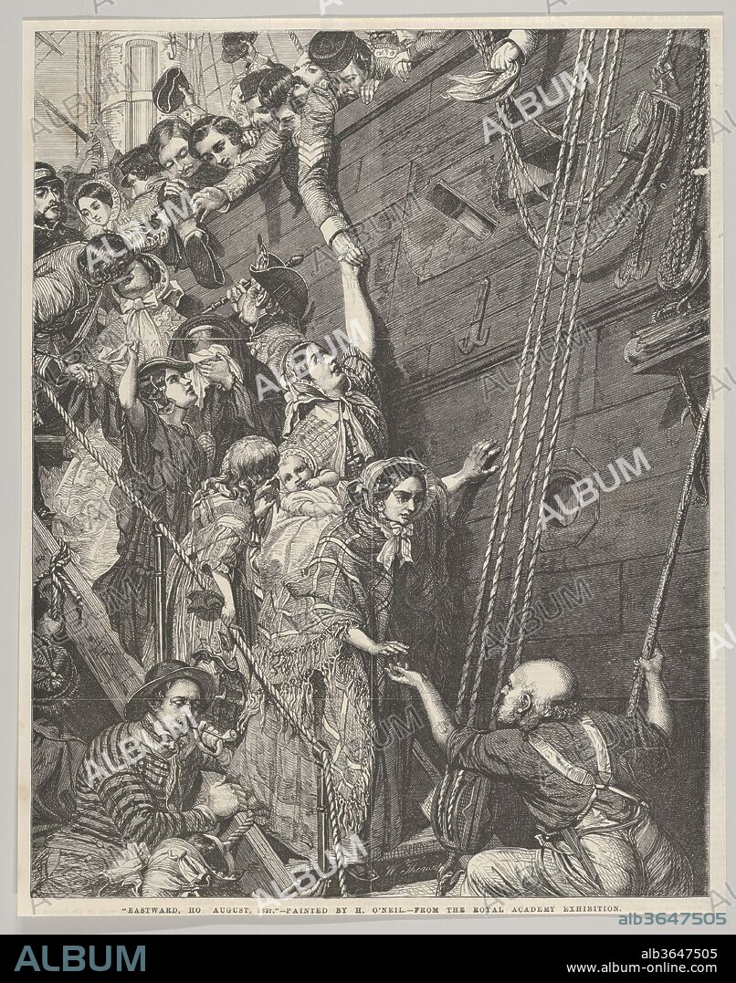 Eastward Ho! August 1857, from "Illustrated London News". Artist: After Henry Nelson O'Neil (British, St. Petersburg, Russia 1817-1880 London). Dimensions: Sheet: 11 15/16 × 9 1/2 in. (30.4 × 24.2 cm). Engraver: William Luson Thomas (British, London 1830-1900 Chertsey, Surrey). Date: May 22, 1858.
Published in the "Illustrated London News," this wood engraving shows British soldiers bidding farewell to family, sweethearts and friends as their ship departs for Calcutta--headed towards the Indian "Mutiny" (or Indian First War of Independence, 1857-1859). Thomas's wood engraving reproduces an 1858 painting (now at Elton Hall) that propelled O'Neil to public prominence--after being shown at the Royal Academy in 1858, the work toured Britain and was seen by over half a million people. The interwoven bodies and linked hands suggest a range of relationships and anticipate the pending separation as visitors move down the steep steps.
