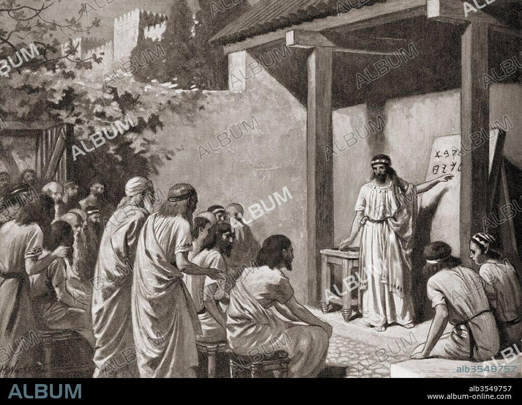 Cadmus introducing the original Alphabet or Phoenician alphabet to the Greeks. According to Greek mythology Cadmus was the first king of Thebes. From Hutchinson's History of the Nations, published 1915.