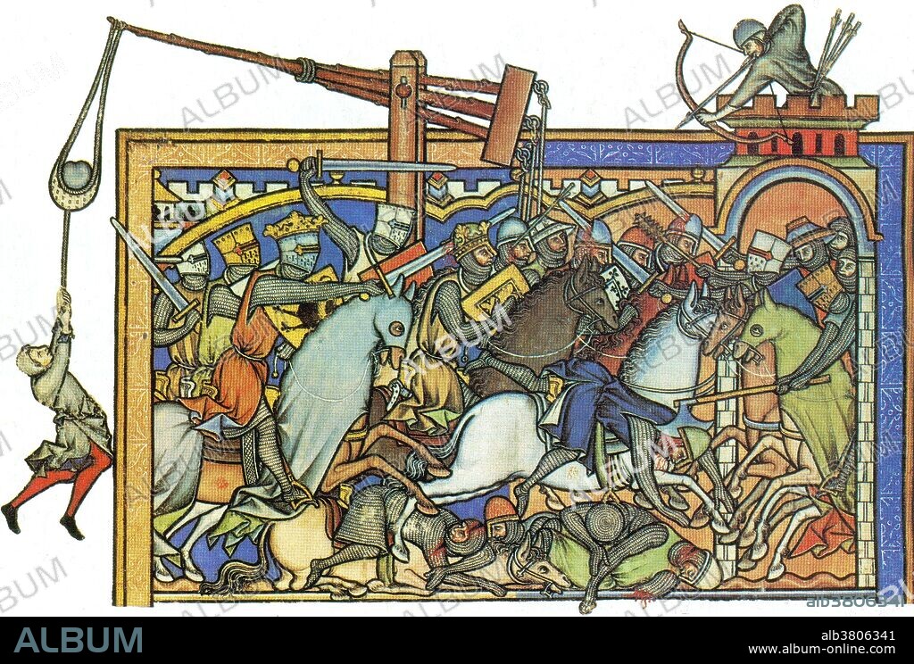 13th century miniature shows the weaponry used by the Knights Templar. Catapult (extreme left), battle-axe (center right), mace (above battle-axe) longbow (top right) and many of the knights are seen brandishing the broadsword. Image appears in the Crusader Bible, created around 1240. The Knights Templar were among the most famous of the Western Christian military orders. Officially endorsed by the Catholic Church around 1129, the Order became a favored charity throughout Christendom, and grew rapidly in membership and power. Templar knights, in their distinctive white mantles with a red cross, were among the most skilled fighting units of the Crusades. The Templars' existence was tied closely to the Crusades; when the Holy Land was lost, support for the Order faded. Rumors about the Templars' secret initiation ceremony created mistrust, and King Philip IV of France, deeply in debt to the Order, took advantage of the situation. In 1307, many of the Order's members in France were arrested, tortured into giving false confessions, and then burned at the stake. Under pressure from King Philip, Pope Clement V disbanded the Order in 1312.