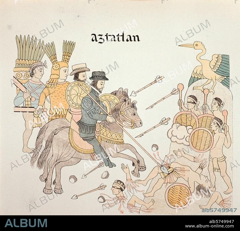 Colonial history of Latin America:. Conquest of Mexico by Hernando Cortez. 1519-21. - "Aztatlan". Colour lithograph after the mexican hieroglyph "Lienzo de Tlaxcala", from the middle of 15th Century. (No further information available). Paris, Bibliothèque Nationale.