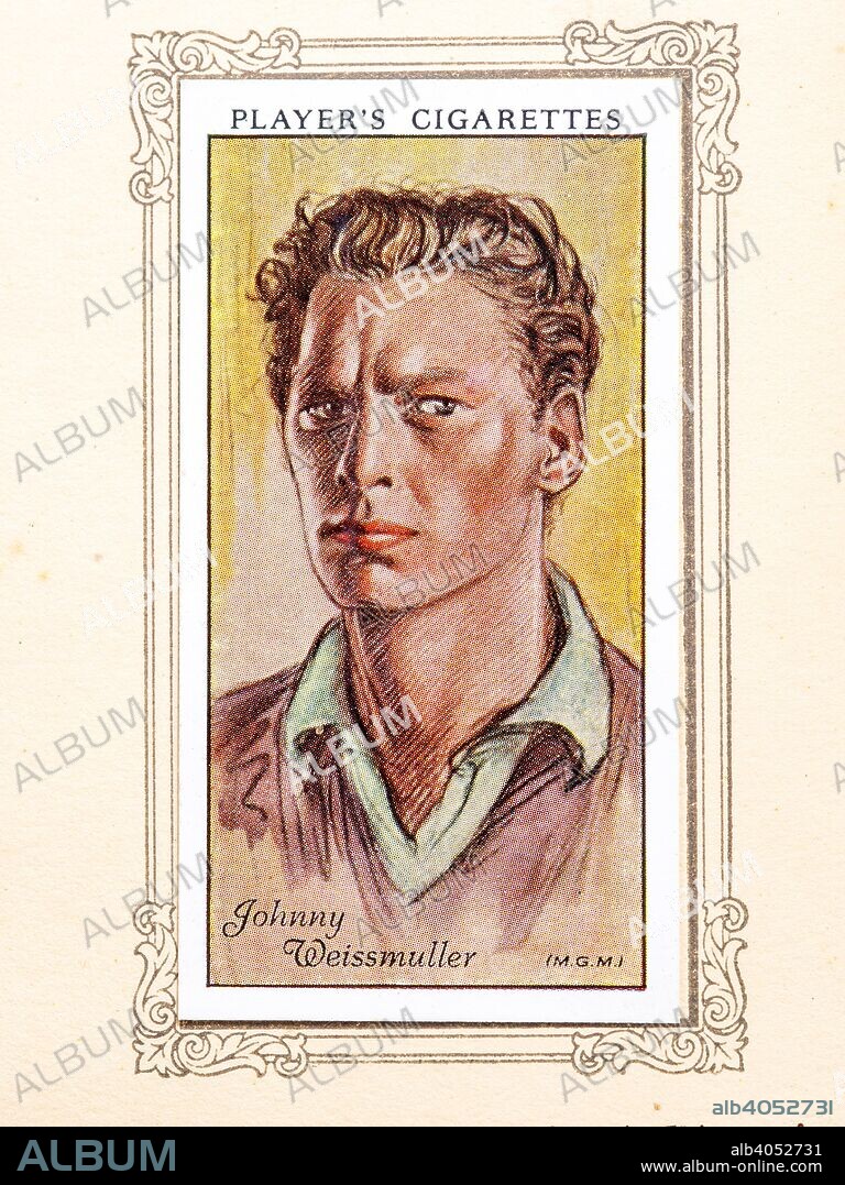 Johnny Weissmuller, 1934. Johnny Weissmuller (born Johann Peter Weismuller;[2] June 2, 1904 - January 20, 1984) was a Hungarian-born American competition swimmer and actor, best known for playing Tarzan in films of the 1930s and 1940s and for having one of the best competitive swimming records of the 20th century. From An Album of Film Stars; Second Series issued by John Player & Sons. [Imperial Tobacco & Co Ltd, 1934].