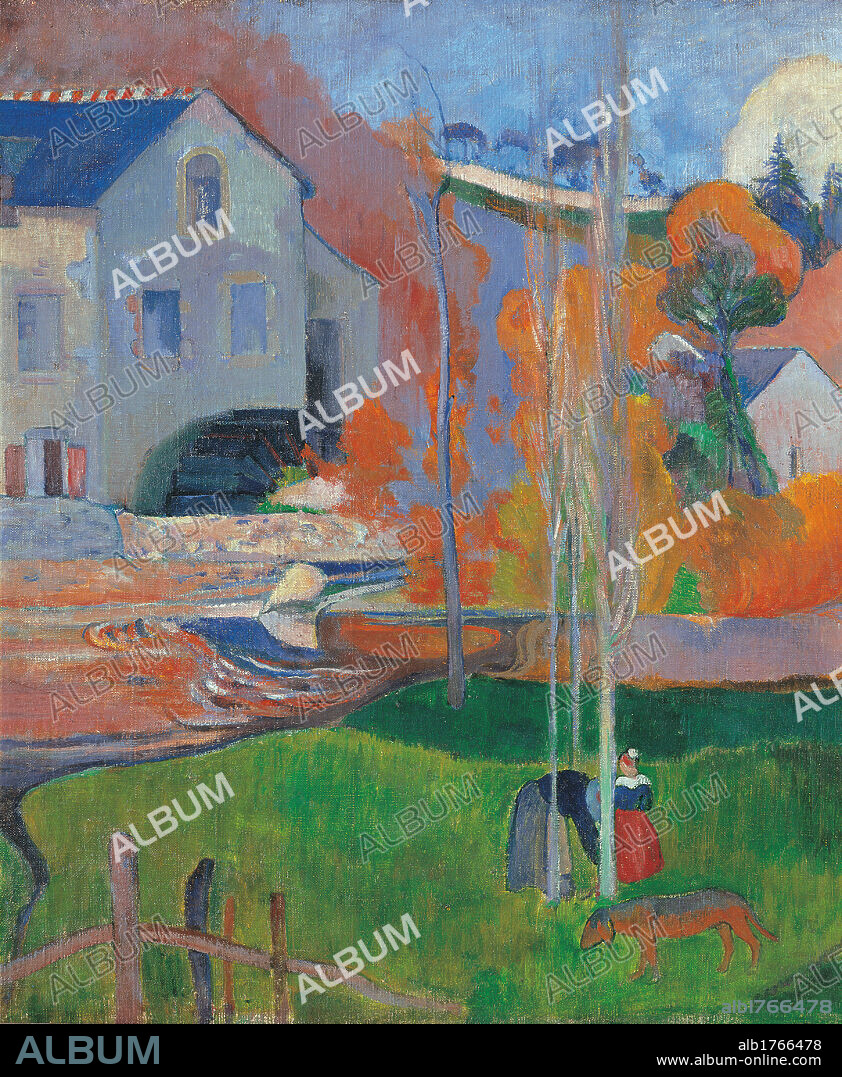 Landscape in Brittany The David Mill, by Paul Gauguin, 1894, 19th Century, oil on canvas, cm 73 x 92. France, Ile de France, Paris, Muse dOrsay. Detail. Landscape of Brittany cloud sky house mill light blue azure green orange tree road red river forest woodland.