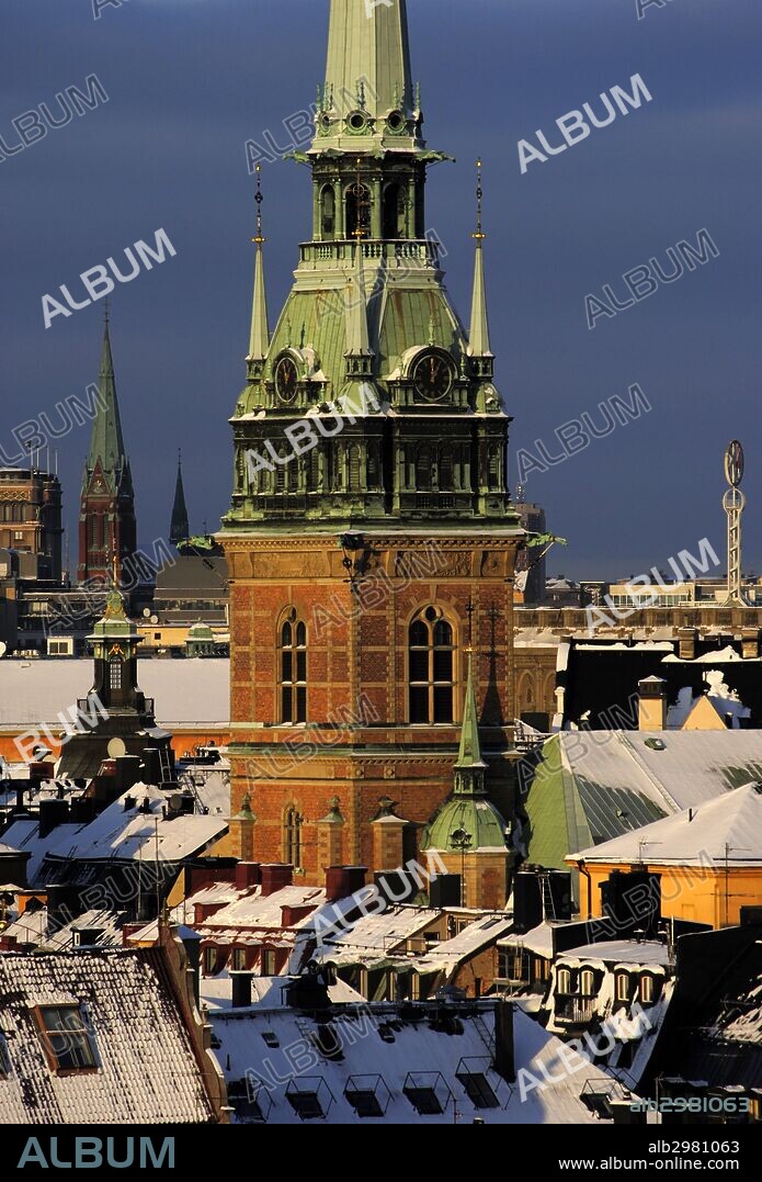 Sweden, Stockholm. Partial view of the German Church (Tyska Kyrkan) in the Old Town (Gamla Stan).