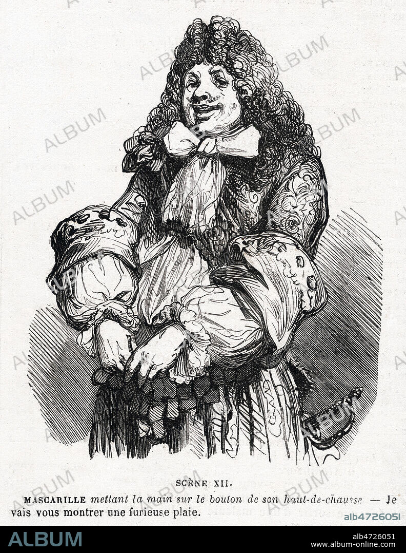 Mascarille mettant la main sur le bouton de son haut-de-chausse- Je vais vous montrer une furieuse plaie. Scene 12. Illustration de JANET-LANGE (1815-1872) vers 1850 pour Les precieuses ridicules de MOLIERE (1622-1673). Credit : Collection Jonas/Kharbine-Tapabor.