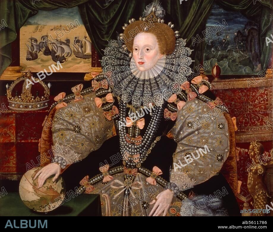 Elizabeth I, Queen of England Greenwich 7.9.1533 - Richmond 24.3.1603. Portrait (so-called Armada Portrait). Painting, 1588, by George Gower. (c. 1540 - 1596). Bedfordshire, Woburn Abbey.