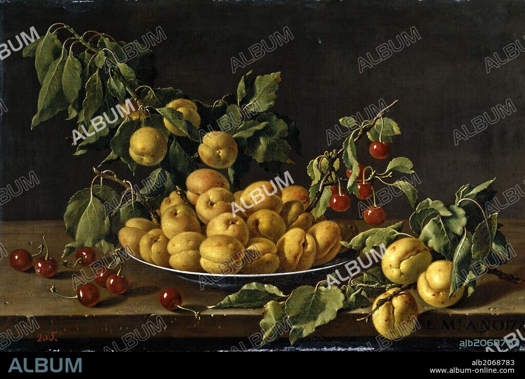 LUIS MELÉNDEZ. Luis Egidio Meléndez / 'Bodegón con plato de albaricoques y guindas', 1773, Escuela Española, Óleo sobre Lienzo, 41 cm x 62 cm, P00920.