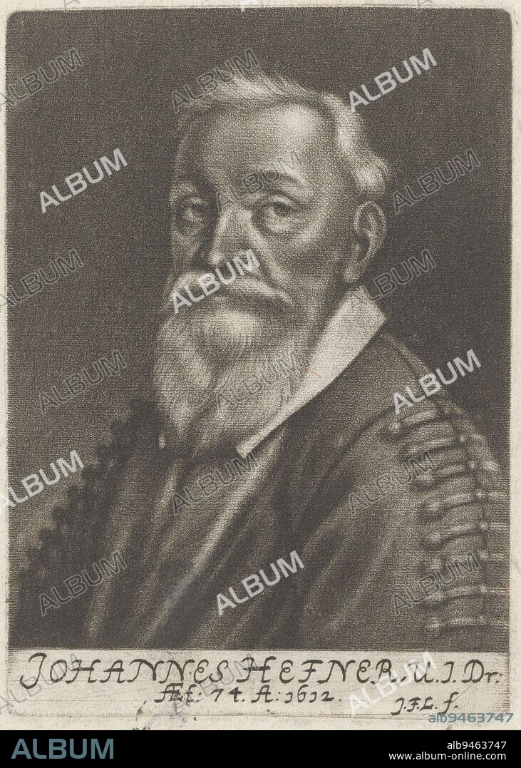 Portrait of Johann Hefner at age 74, print maker: Johann Friedrich Leonard, (mentioned on object), Vienna, 1672, paper, engraving, h 100 mm × w 70 mm.