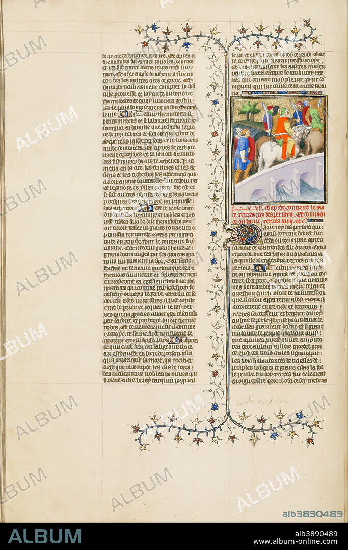 UNKNOWN. Xerxes, King of the Persians, Crosses a Bridge with His Army. Date/Period: Ca. 1413 - 1415. Folio. Tempera colors, gold leaf, gold paint, and ink on parchment. Height: 420 mm (16.53 in); Width: 296 mm (11.65 in).