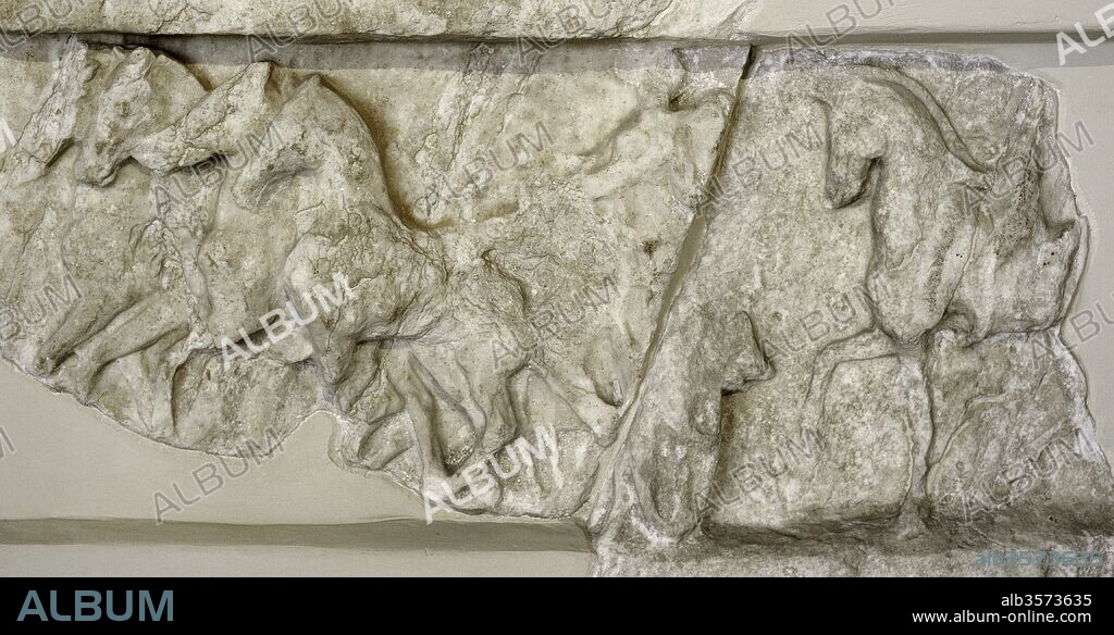 Honorary decree for Arybbas, king of the Molossoi of Epirus. Relief: olive and laurel wreaths are reminiscent of the equestrian victories of Arybbas in the Olympian and Pythian Games. 343-342 BC. Detail. Acropolis Museum. Athens. Greece.