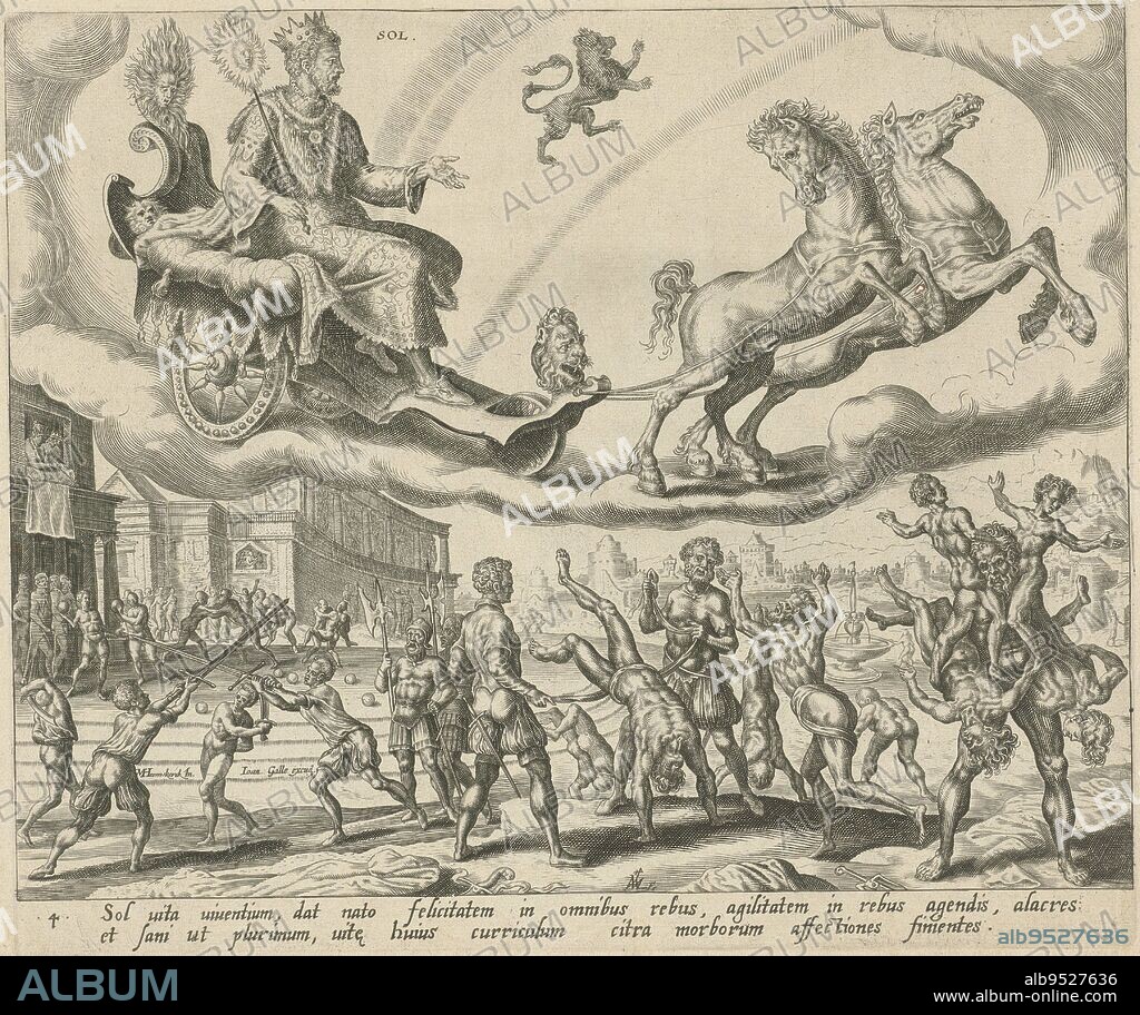 The sun god Sol is riding in his chariot in the sky, pulled by two horses. The sign of Leo indicates which people belong to Sol's sphere of influence. The people, who are born under this constellation, are engaged in sporting activities. Under him people are engaged in sword fighting, wrestling, making a handstand, ball games and acrobatics. They are being watched by a royal couple on a balcony. At the bottom in the margin a text in Latin about the children of Sol, Sol, the sun, and his children The seven planets (series title), print maker: Harmen Jansz Muller, (mentioned on object), Maarten van Heemskerck, (mentioned on object), publisher: Joannes Galle, (mentioned on object), Antwerp, 1566 - 1570 and/or 1638 - 1646, paper, engraving, h 210 mm × w 248 mm.