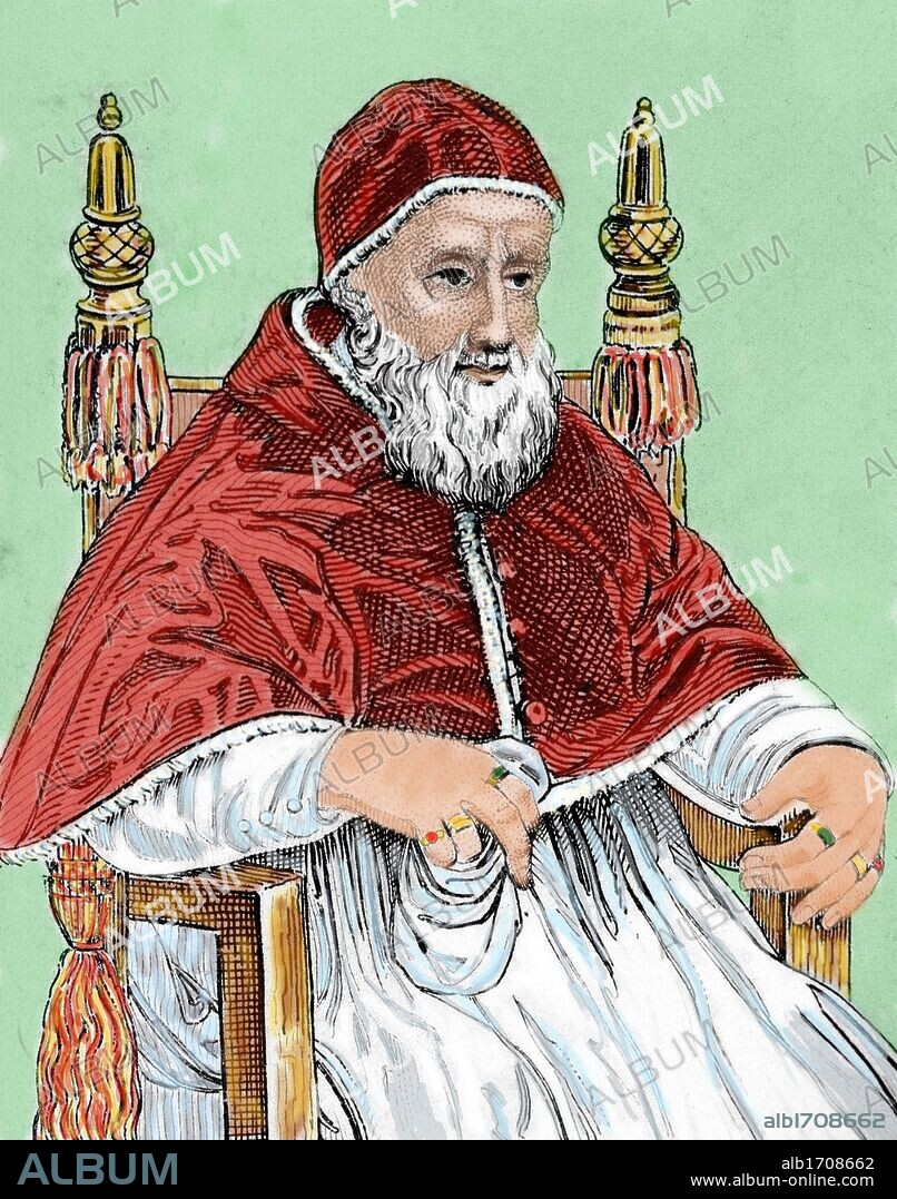 JULIO II (1443-1513). Papa italiano (1503-1513), de nombre Giulano della Rovere. Creador de la Guardia Suiza. En el año 1506 inició la construcción de San Pedro del Vaticano. Fue mecenas de Miguel Angel y Rafael. Grabado coloreado del siglo XIX.