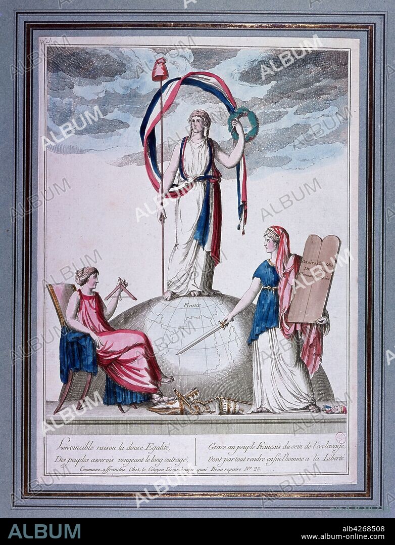 1795 Illustration of Marianne (La Liberte), a national symbol of the French Republic, a personification of liberty and reason, and a portrayal of the Goddess of Liberty. Marianne is displayed in many places in France and holds a place of honour in town halls and law courts. She symbolizes the Triumph of the Republic. Marianne is a significant republican symbol. As a national icon she represents opposition to monarchy and the championship of freedom and democracy against all forms of oppression.