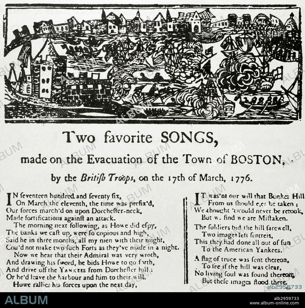 GUERRA DE LA INDEPENDENCIA AMERICANA (1775-1783). Letra de dos de las canciones favoritas de la evacuación de la ciudad de Bostón del año 1776. Grabado, siglo XIX. The American Revolution.