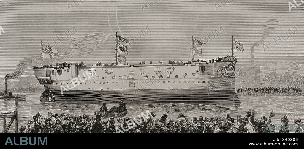 Historia de la navegación. Siglo XIX. La corbeta "Comus", primer buque de acero de la marina británica de guerra, en el acto de ser botada al agua en los astilleros Fairfield, en Govan (Escocia). Grabado. La Ilustración Española y Americana, 1878.