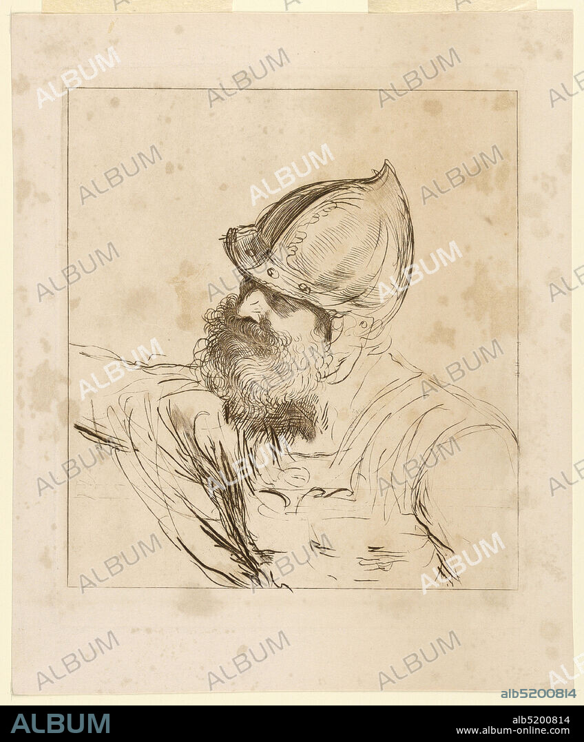 Head of a Soldier, Giuseppe Zocchi, Italian, 1711 or 1717 - 1767, Giovanni Francesco Barbieri (called Guercino), Italian, 1591 1666, Engraving in brown ink on white paper, The soldier in a pointed and visored helmet faces left, one art at this side, the other outstretched., Italy, ca. 17601780, Print, Print.