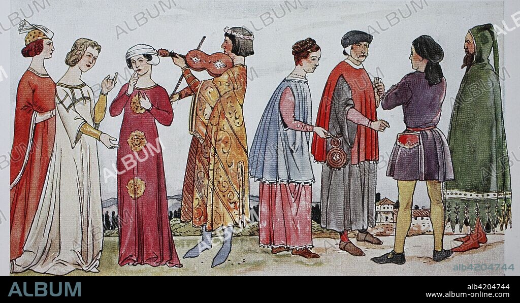 Clothing, fashion of the Italian early Renaissance, 14th century, in 1340 - 1360, from left, three noble ladies in a long dress, musician in a long skirt, distinguished girl, citizen in a long skirt, ordinary citizen in a short belt skirt and gentleman in a long down-jagged cloth almond with attached hooded collar, digital improved reproduction of an original print from the 19th century.