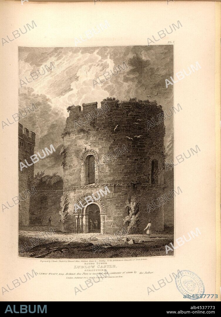 Round Tower Ludlow Castle, Shropshire, Chapel of St Mary Magdalene of Ludlow Castle in Shropshire, signed: Engraved by S. Rawle, Sketched by Edmund Aikin; Published by Longman & Co, Fig. 42, Pl. I, after p. 129, Aikin, Edmund (sketch); Rawle, Samuel (engraving); Longman & Co. (published), 1813, John Britton: The architectural antiquities of Great Britain: represented and illustrated in a series of views, elevations, plans, sections and details of various ancient English edifices: with historical and descriptive accounts of each. Bd. 4. London: J. Taylor, 1807-1826.