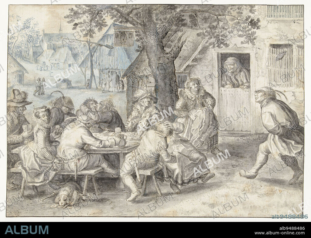 Festive Peasants, Soldiers, and Harlots, David Vinckboons (I), c. 1603 - c. 1608, Design for a painting., draughtsman: David Vinckboons (I), c. 1603 - c. 1608, paper, brush, pen, h 271 mm × w 376 mm.