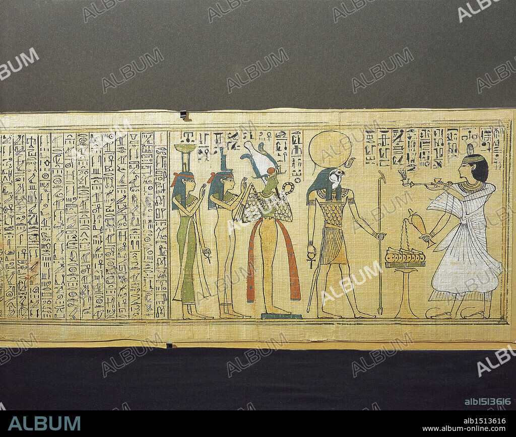 Egyptian civilization, Third Intermediate Period. Beginning of the Book of the Dead. Papyrus of Khonsumes. Detail: the deceased making offerings to Osiris, Isis and Nephthys.
