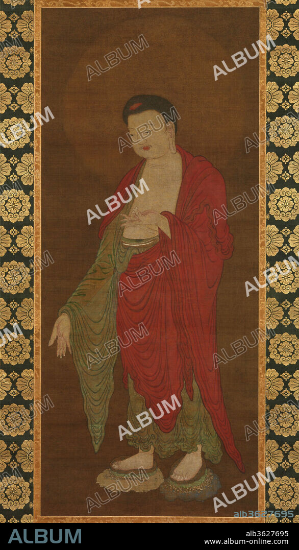 UNIDENTIFIED ARTIST, ACTIVE 13TH CENTURY. Buddha Amitabha descending from his Pure Land. Artist: Unidentified Artist , active 13th century. Culture: China. Dimensions: Image: 53 1/2 in. × 23 in. (135.9 × 58.4 cm)
Overall with mounting: 95 3/4 × 31 3/4 in. (243.2 × 80.6 cm)
Overall with knobs: 95 3/4 × 33 1/2 in. (243.2 × 85.1 cm). Date: 13th century.
This painting, traditionally ascribed by Japanese scholars to a Song Buddhist painter named Zhang Sigong, represents the Buddha Amitabha (J.: Amida) welcoming souls into his Western Paradise. The drapery of the robe is drawn in the "scudding-cloud and running-water" style, a drapery pattern the Chinese used to recall the Indian origin of the Buddha image.
Infrared reflectography has revealed the following traces of an inscription in the lower left corner: "Qingyuanfu, east of Washing Horse Bridge. . . ." Since the name of the city of Ningbo was changed from Mingzhou to Qingyuanfu in 1195 and to Qingyuanlu in 1277, the painting may be dated to between 1195 and 1277. Stylistically, this work appears to date from the end of the twelfth or the beginning of the thirteenth century: the figure is extremely well drawn, with fine lines firmly describing the splendid face and hands of the image in a fully three-dimensional manner. An almost identical Buddha appears in one of the Daitokuji Five Hundred Luohans paintings, also made in Ningbo and dated 1178.