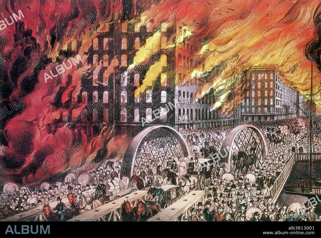 Entitled: Chicago in flames, Scene at Randolph Street Bridge, Currier & Ives lithograph. On the evening of October 8, 1871, just after nine o'clock, a fire broke out in the barn behind the home of Patrick and Catherine O'Leary at 13 DeKoven Street. How the fire started is still unknown today, but an O'Leary cow often gets the credit. Firefighters were initially sent to the wrong neighborhood. When they finally arrived at the O'Leary's, they found the fire raging out of control. The blaze quickly spread, burning for two days, and only dying out once rain began to fall. Chicago was devastated. At least 300 people were dead,100,000 people were homeless, and $200 million worth of property was destroyed. The entire central business district of Chicago was leveled. The fire was one of the most spectacular events of the nineteenth century, and it is recognized as a major milestone in the city's history. Though the fire was one of the largest U.S. disasters of the 19th century, the rebuilding that began almost immediately spurred Chicago's development into one of the most populous and economically important American cities.